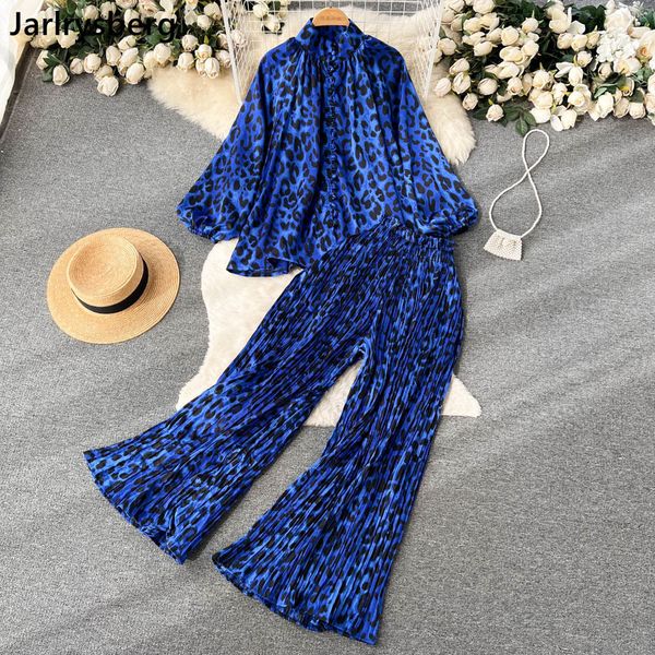 

women s two piece pants spring fashion za retro print suit chic lantern sleeve half high collar loose shirt wide leg pleated two piece sets, White