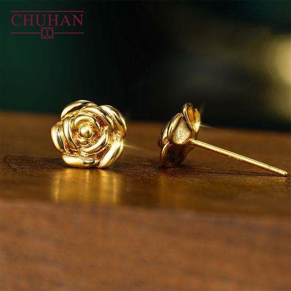 

stud chuhan 18k gold stud earrings women's au750 soild gold luxury threedimensional rose gifts for women fine jewelry 230224, Golden;silver