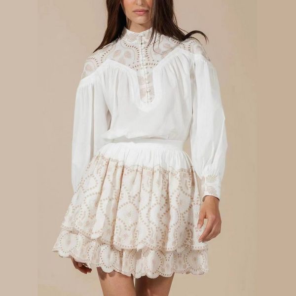 

two piece dress stand collar lantern sleeve embroidered cut-out mini dress, White