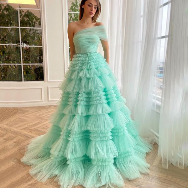 

party dresses uzn formal a-line prom one shoulder tulle princess evening light green floor length saudi arabia gown plus size 230224, White;black