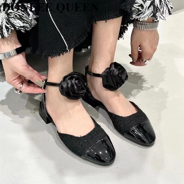 

sandals 2023 summer women flat heels french flower ankle strap shoes brand pointed toe mules color matching sandalias mujer 230224, Black