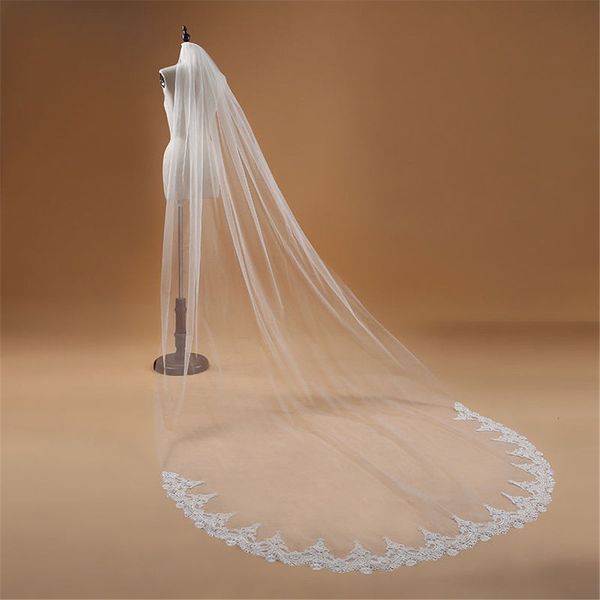 

wedding hair jewelry voile mariage 3 m one layer lace edge white ivory cathedral veil long bridal women accessories veu de noiva 230224, Slivery;golden