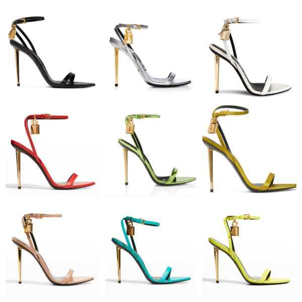 

23s elegant brand women shoes padlock pointy naked sandals shoes hardware lock and key woman metal stiletto heel party dress wedding eu35-43, Black