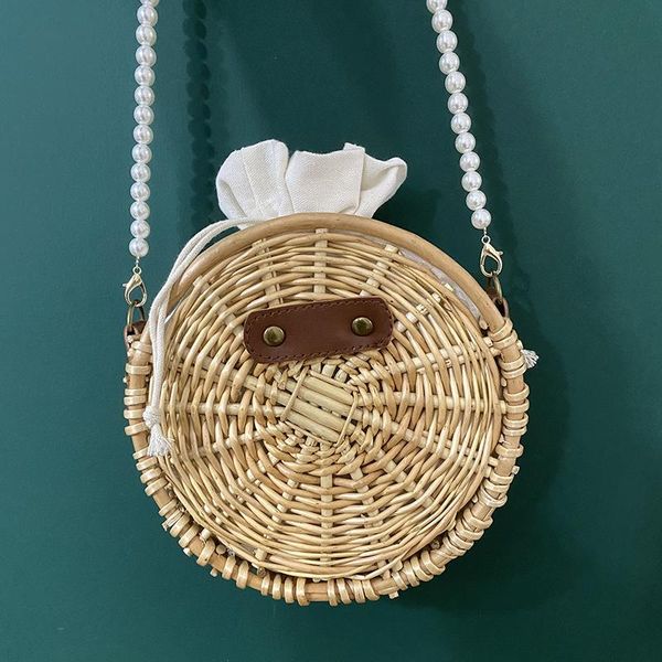 

women designer shoulder bag pure knitting bag pearl chain handbag bohemia style summer vacation rattan beach bags bucket bags