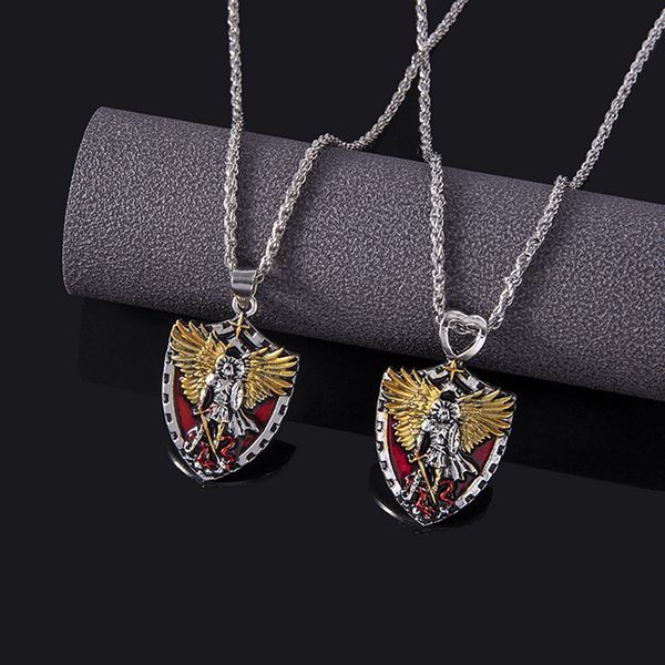 

10pcs fashion warrior guardian holy angel saint michael pendant necklace unique knight shield necklace anniversary gift, Silver