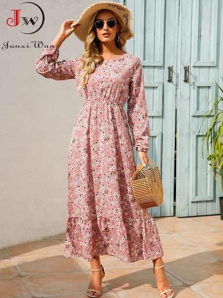 

casual dresses women elegant floral printed long spring summer o neck sleeve ladies chic high waist a line beach 230224, Black;gray
