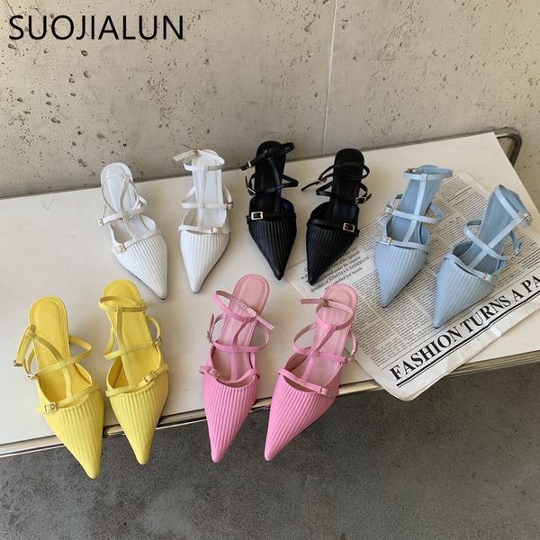 

sandals suojialun 2023 spring woomen pointed toe sandal shoes fashion ankle strap ladies elegant slingback thin low heel dress pumps 230224, Black