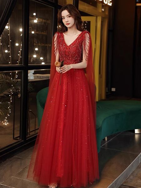

red evening dress with shawl v-neck tassels sleeve beading a-line floor-length lace up appliqued fancy prom gowns woman long formal dress, Black;red