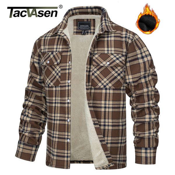 

mens jackets tacvasen fleece lining jackets mens flannel cotton jackets plaid casual button down cargo work coats thicken outwear 230224, Black;brown
