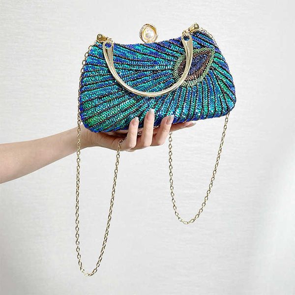 

2023 new women sequins clutch bags peacock wedding dinner purse party pearl hasp bags with chain 2 colors drop shipping 230224