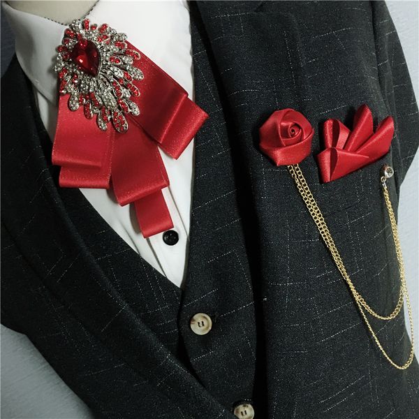 

bow ties men ribbon handkerchief alloy chain flower brooch pocket square neck set groom wedding party shirt tie 230224, Black;gray