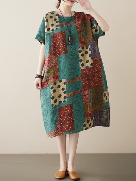 

casual dresses women dress arrival summer vintage style geometric pattern loose female cotton linen long b2291 230224, Black;gray