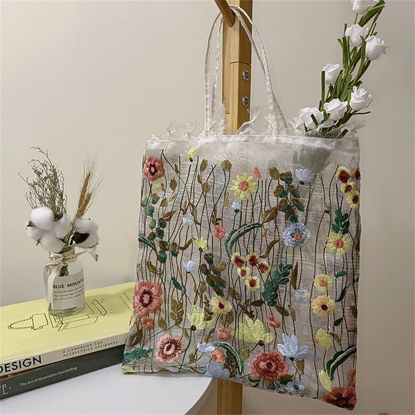 

shopping bags eco shopping bags for women 1pc grocery tote bag style mesh full embroidery handbag flowers clear shoulder bag romantic handba