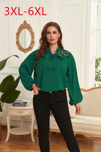 

women's plus size t-shirt ladies spring autumn plus size chiffon shirt for women large size long sleeve green v-neck shirt 3xl 4xl 5xl, Black