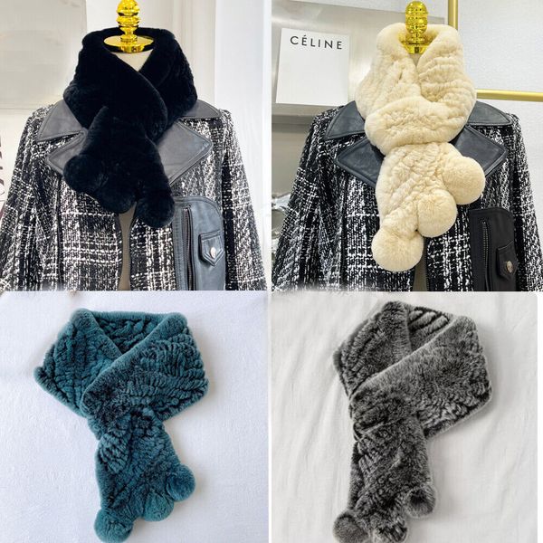 

women real rex rabbit fur scarf winter warm neckerchief wraps pompom black grey 80cm, Blue;gray