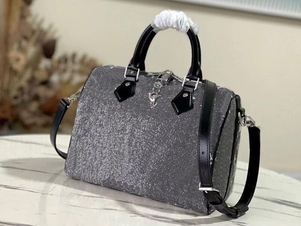 

realfine bags 5a m21464 25cm speedy bandouliere 25cm grey denim shoulder handbags purses for women with dust bag