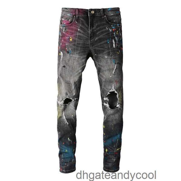

graffiti 2023 slim amirs denim colored jeans designer pants pants man slimming black holes tattered washed jeans trendy young man 0s1y, Blue