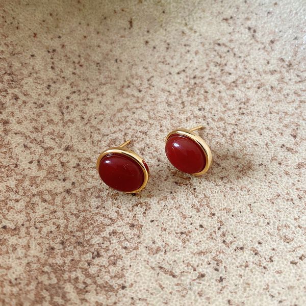 

red agate stud earrings oval 925 sterling silver post earring hand-made designer vintage luxury jewelry accessories gift for women, Golden;silver