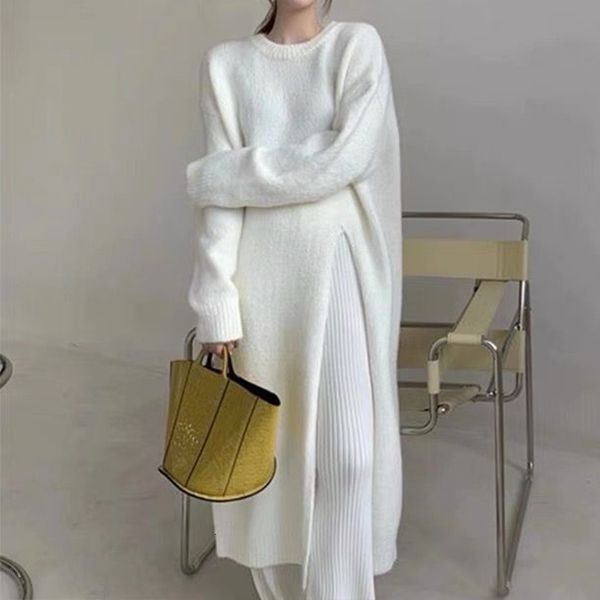 

casual dresses retro split woolen dress women autumn white solid oneck soft long knitted clothing winter knitwear chic 230224, Black;gray