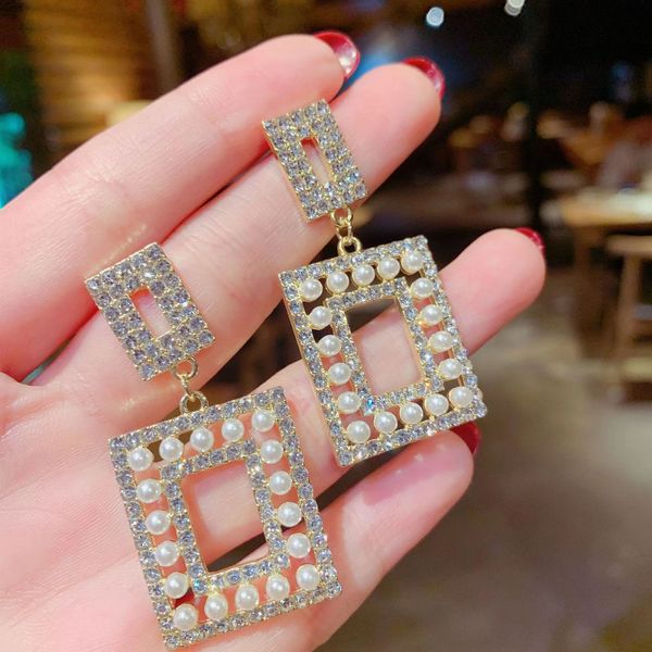 

european and american design exaggerated pearl earrings luxury celebrity temperament elegant geometric square earrings women's net, Golden
