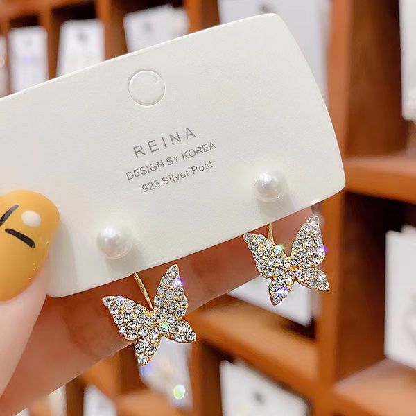 

s925 silver needle super fairy premium full diamond butterfly earrings a pair of pearl earrings women's temperament versatile earrings, Golden