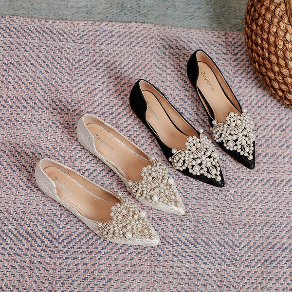 

dress shoes designer beads wedding shoes women lace embroider flats woman ballerina pointed toe pearl loafers sneakers plus size 35-43 23022, Black
