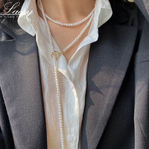 

chokers real small pearl long necklace women freshwater pearl fashion sweater necklace for girls 230224, Golden;silver