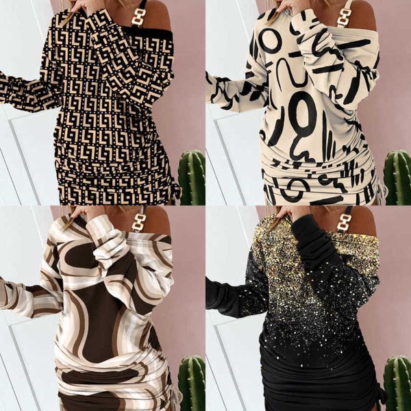 

new arrivals dresses women clothing fashion print long sleeve one-shoulder skirts plus size 3xl, Black;gray