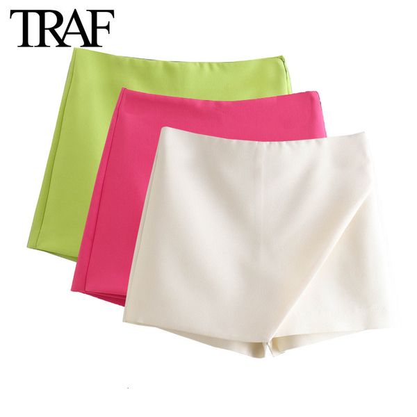 

women's shorts traf women's clothing summer white asymmetric skirt pants chic female side zipper high waist wide leg shorts 230224, White;black