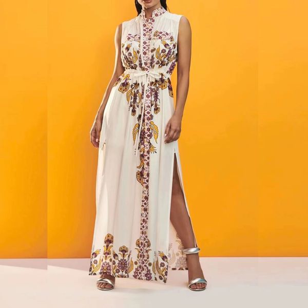 

long dress 2023 summer stand collar sleeveless floral printed casual dresses, Black;gray