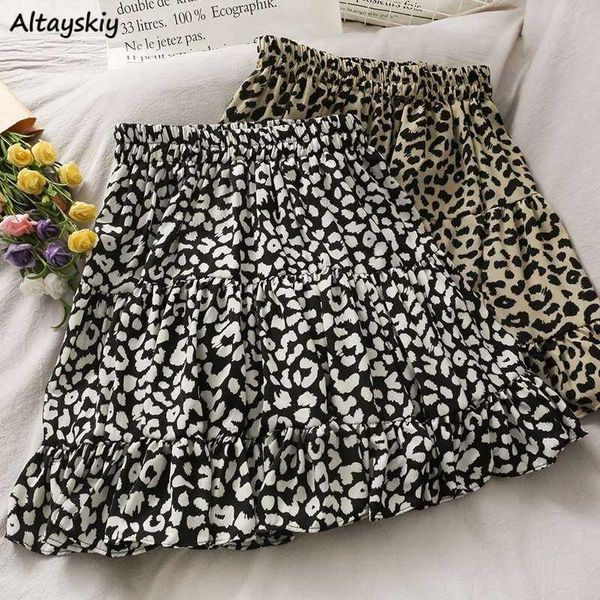 

skirts mini skirt women vintage leopard drape ruffles elastic waist leisure retro femme stylish ulzzang loose all-match streetwear l230224, Black
