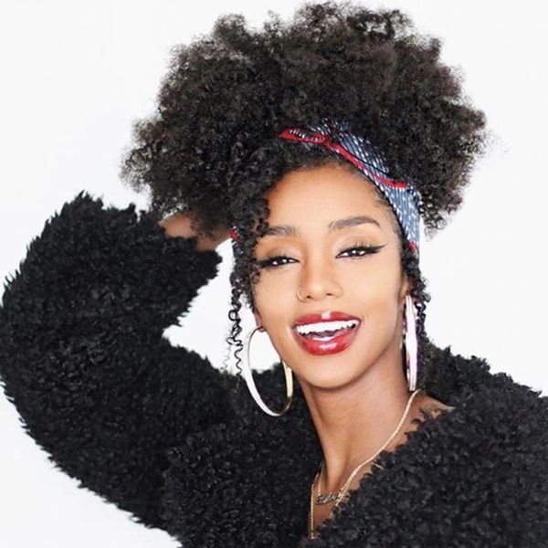 

afro kinky curly ponytail remy hair pieces for women natural black clip in ponytails drawstring 100% human hair short high 120g puff bun upd