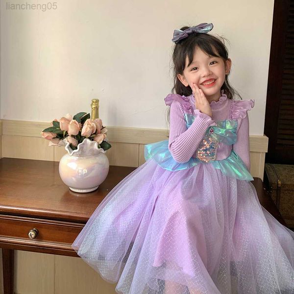

girl's dresses 2023 cute new girls spring and autumn ins wind mermaid sequin sweater princess skirt children's knitted purple dres, Red;yellow