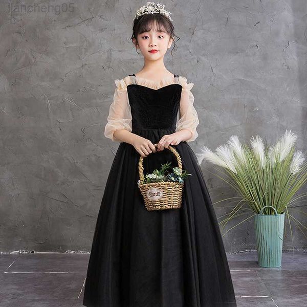 

girl's dresses gaun prom hitam panjang untuk remaja perempuan lengan puff kontes pesta pernikahan putri gaun pesta formal malam beludru, Red;yellow