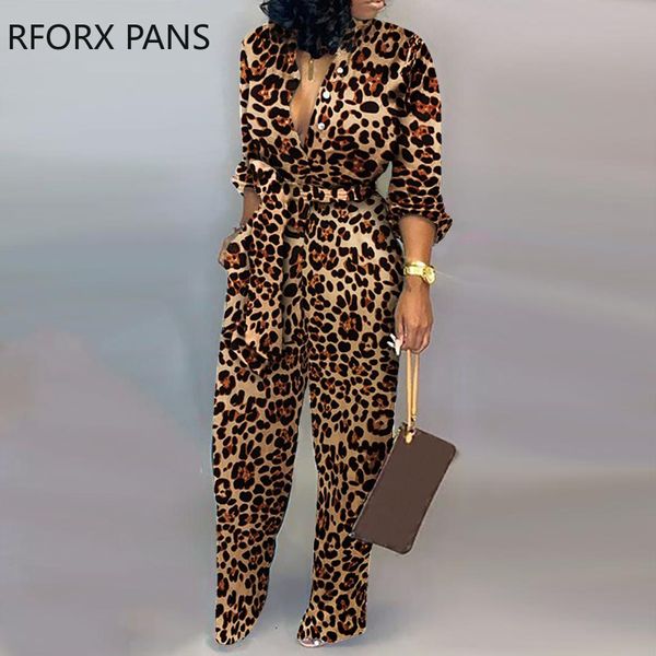 

womens jumpsuits rompers leopard tied waist long sleeve women 230224, Black;white