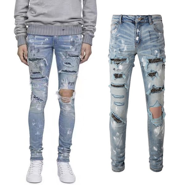 

man crystal patch denim jeans slim fit style painted ripped wash bleach, Blue