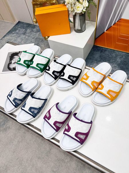 

italian men designer luxury slippers leather flip flops shoes flat embroidery flat sandals print beach rainbow letters 35-47, Black