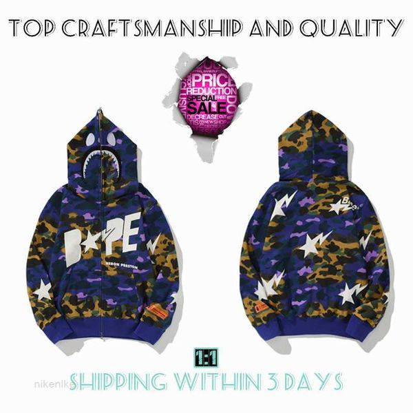 

shark full zip mens hoodies tiger jacket craftsmanship designer men women harajuku stylist sweatshirt fashion co-branding camouflage double, Black