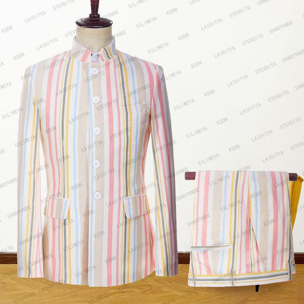 

men s tracksuits 2023 men suit colourful stripe slim fit leisure beach single breasted casual blazers fashion coat pants 230224, Gray