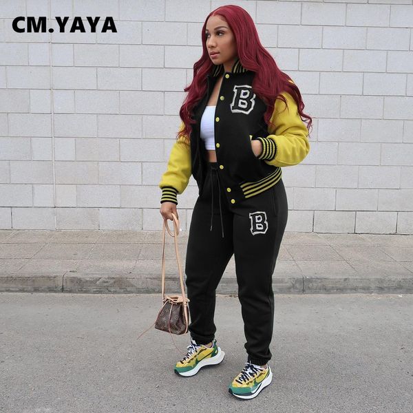 

women's two piece pants cm.yaya baseball women's set autumn winter button up patchwork sweatshirt and pants matching two 2 piece s, White