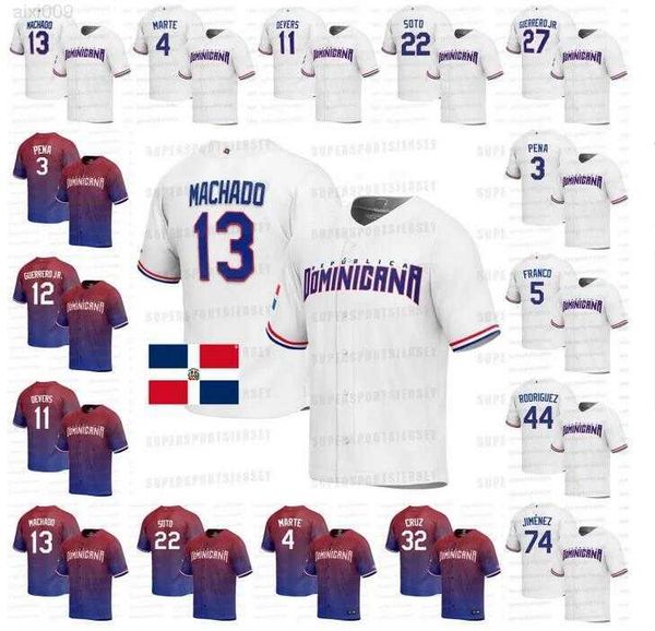 

2023 world baseball classic dominican jersey 22 juan soto 13 manny machado 74 eloy jimenez 3 jeremy pena 27 vladimir guerrero jr. 27 willy a, Blue;black