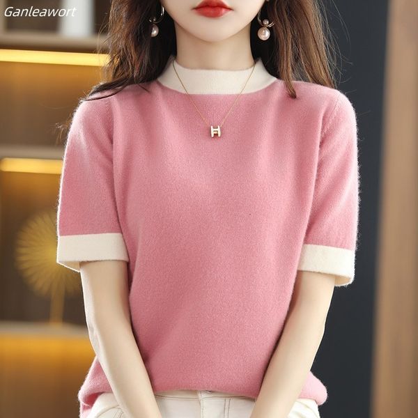 

women's tshirt sweater shortsleeved korean version 2023 springsummer semihigh neck tshirt 100 pure wool color contrast 230225, White