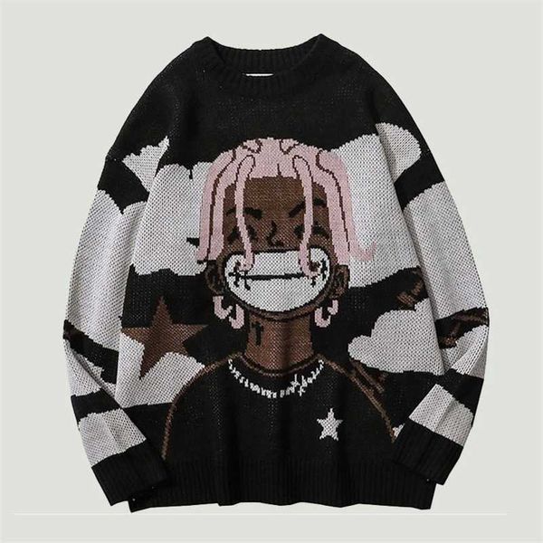 

men's sweaters fashion harajuku vintage cartoon anime knitted jumper sweater mens hip hop streetwear oversize loose casual ugly unisexc, White;black