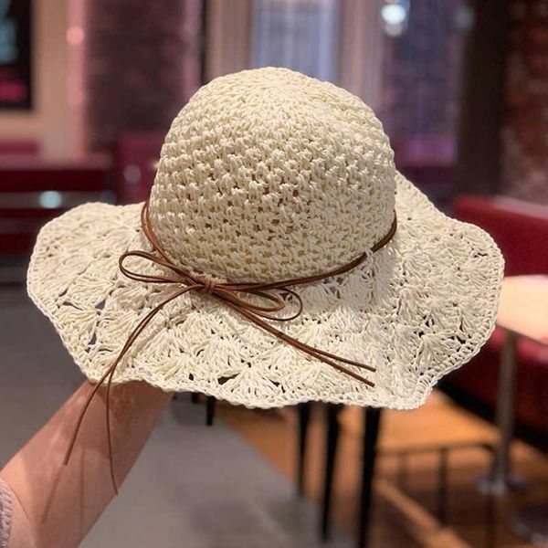 

hbp handmade wide brim foldable hats straw hats ladies travel beach adjustable hollow cap bow big brim sun caps fashion joker fisherman hat, Blue;gray