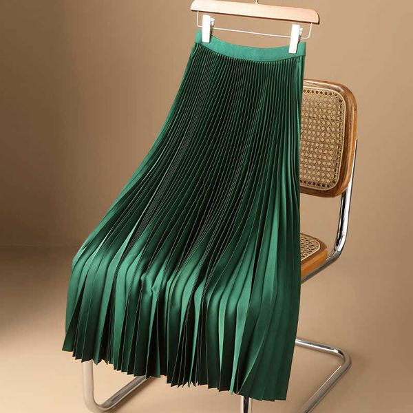 

skirts silk midi skirt women high waisted summer long skirt new 2022 elegant chic solid pleated skirts l230224, Black