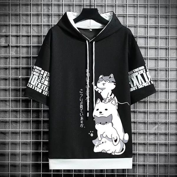 

men's hoodies sweatshirts japan fashion men's hoodies summer men clothing cartoon short sleeve sweatshirts men casual harajuku str, Black