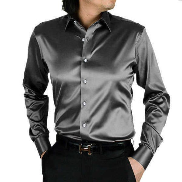 

solid color imitation silk satin glossy men's shirt elastic long-sleeved taobao slim loosepyvn, White;black