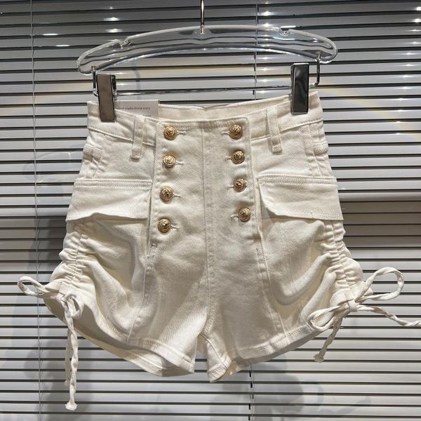 

women's shorts 2023 spring summer metal double breasted denim short high waist side fashion lace up 230224, White;black