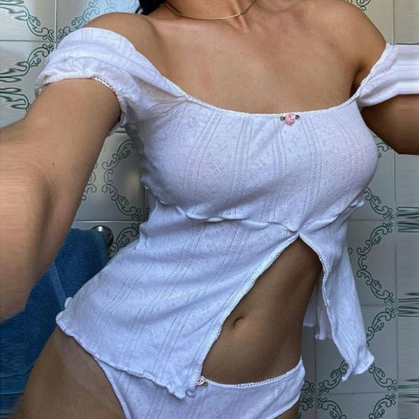 

women's two piece pants chic women tshirt short sleeve off shoulder floral split hem party summer crop briefs y2k cutest homewear 2 se, White