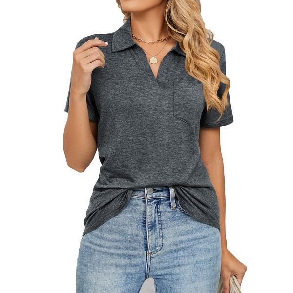 

women v neck polo shirts short sleeve collared loose casual blouses with pocket, White